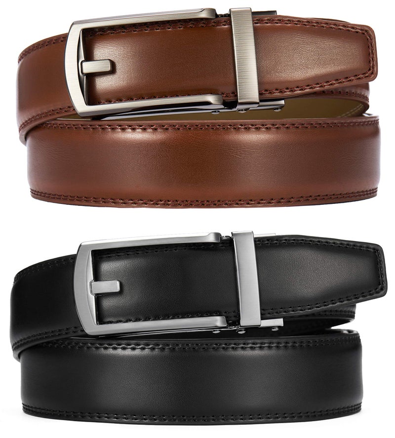 CHAOREN Men's 2 Pack Ratchet Dress Belt, 1 1/4" Black/Cognac Leather, 32" to 38" Waist Adjustable - Image 3